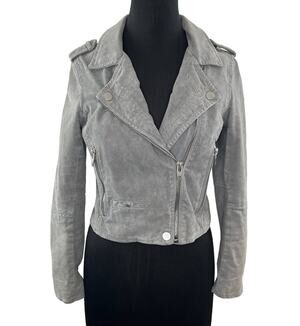 SL8 Gray Suede Leather Short Moto Jacket Asymmetric Zip Collar Pockets Rocker S